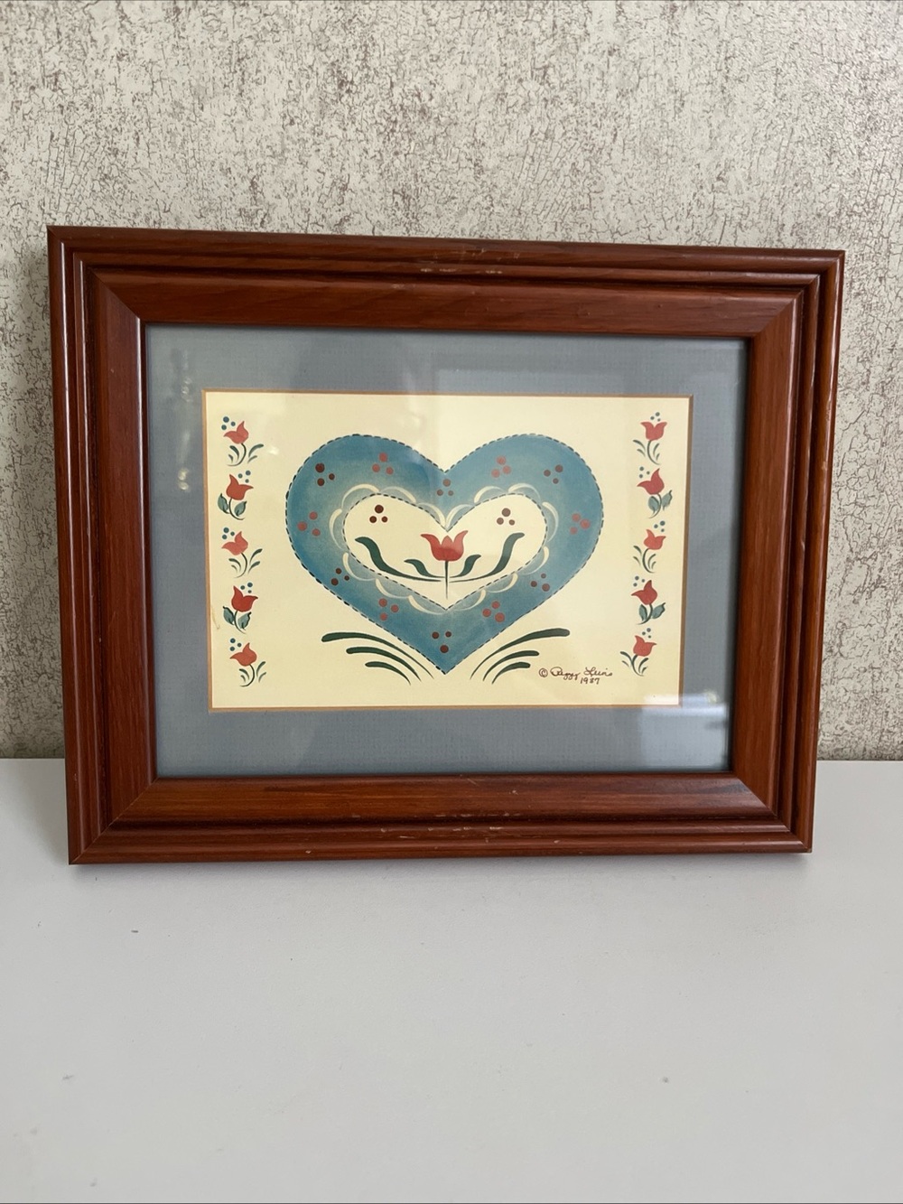 Wooden Framed Folk Art Blue Heart Print Pennsylvania Dutch Americana Signed 9x8